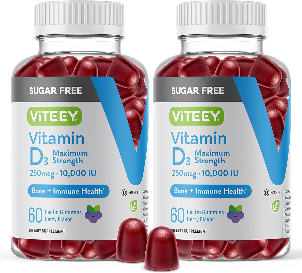 Viteey Vitamin D3 Gummies for Adults & Teens -10,000 IU, 250mcg, Maximum Strength - Sugar Free, Bone, Joint & Muscle Health, Immune Boost - Vegetarian, Gelatin Free - Tasty Chewable Berry Flavored