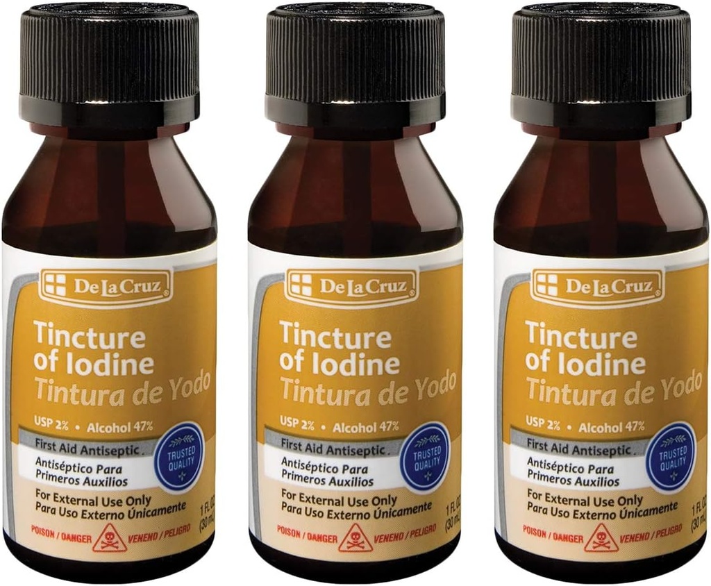 De La Cruz 2% Iodine First Aid Antiseptic, Made in USA 1 FL OZ (3 bottiglie)