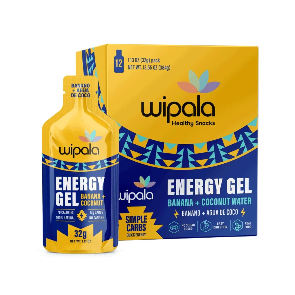 Wipala Energy Gel, Banana Coconut, 12 Pack - Безкофеин, Сертифициран Веган, Не ГМО - чиста енергия за издръжливост Упражнения, бягане и изпълнение