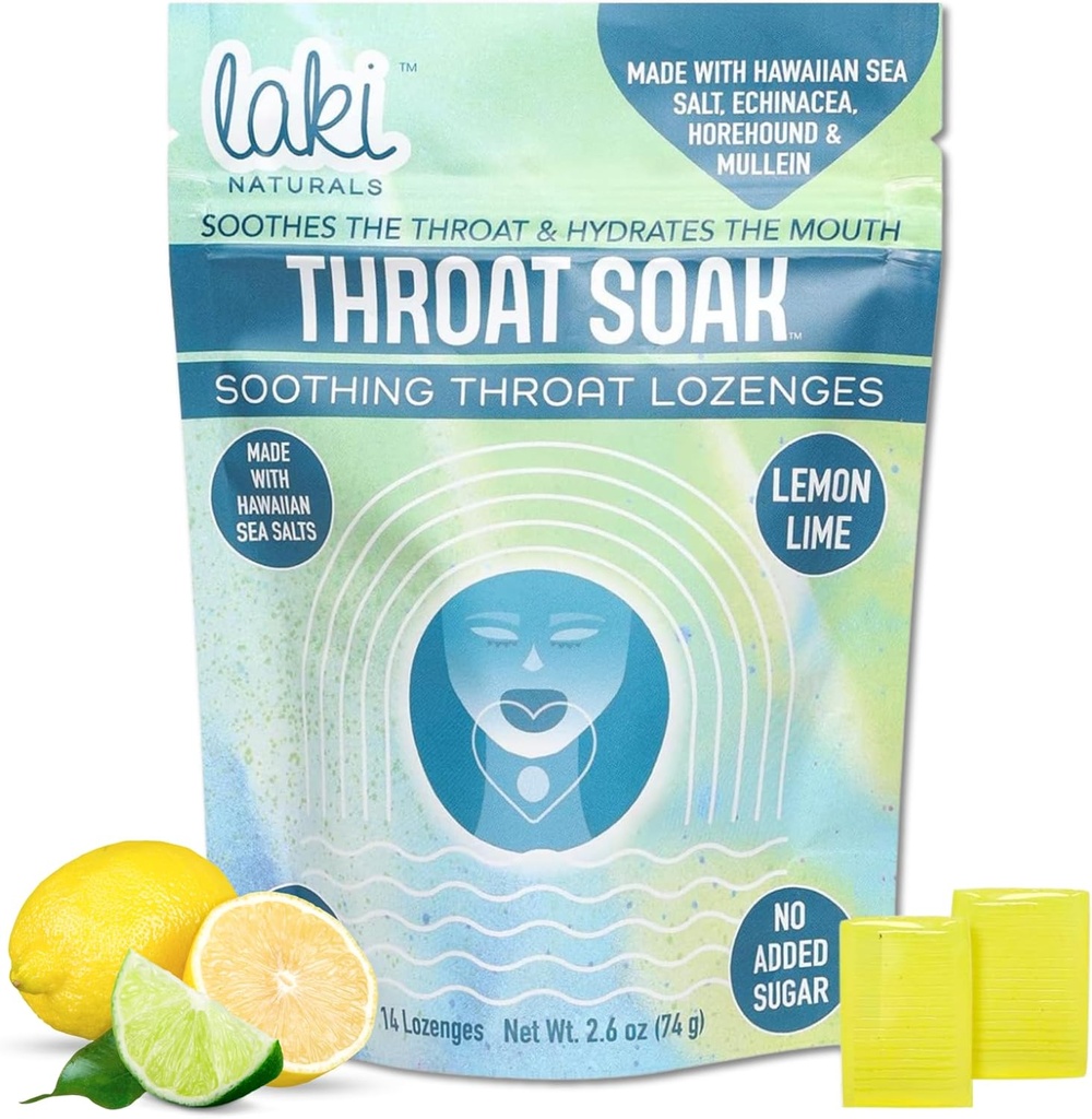 Laki Naturals Throat Soak Herbal Throat Lozenges (14 Ct) — Hawaiian Sea Salt Sore Throat " Dry Mouth Soothing drops – Vegan, Non-GMO, Sugar-Free " Gluten- Sweet and Salty Herbal Candies