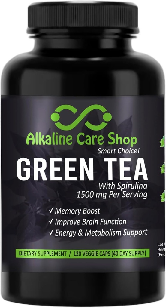 Alkaline Pflege - Grüner Tee mit Spirulina Extrakt 1500mg - Hohe Absorption Ultra Potent Grüner Tee-Zusatz mit Spirulina - Grüner Tee für Energie & Metabolismus Unterstützung Kapseln - 120 Kapseln