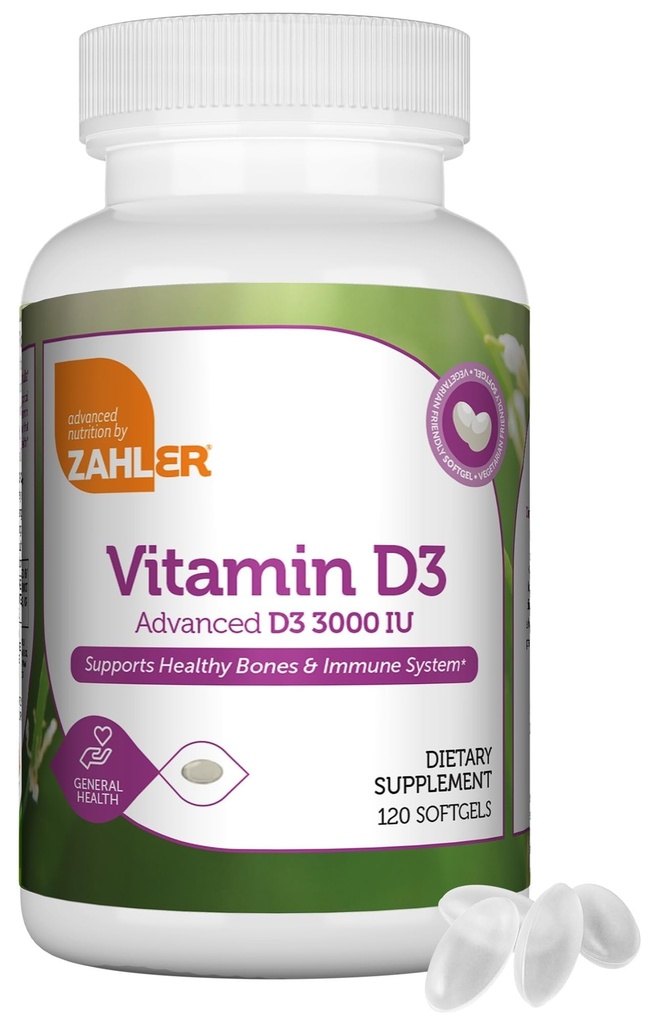 Zahler - Advanced Vitamin D3 3000 IU Softgels (120 Count) Kosher Vegetarian Friendly Vitamin D for Immune Support, Bone, Teeth & Muscle Health - Daily D3 Vitamin Supplement for Adults - Easy Swallow.