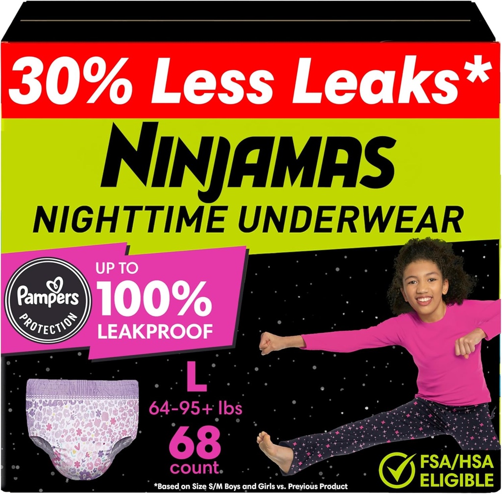 Ninjamas Piger Bedwetting Natkjole Undertøj, Pampers Pull Ups Størrelse L (64- 95 + lbs), 68 Greve, Overnatning Undertøj Børn, Ultra Absorbent, Hypoallergen