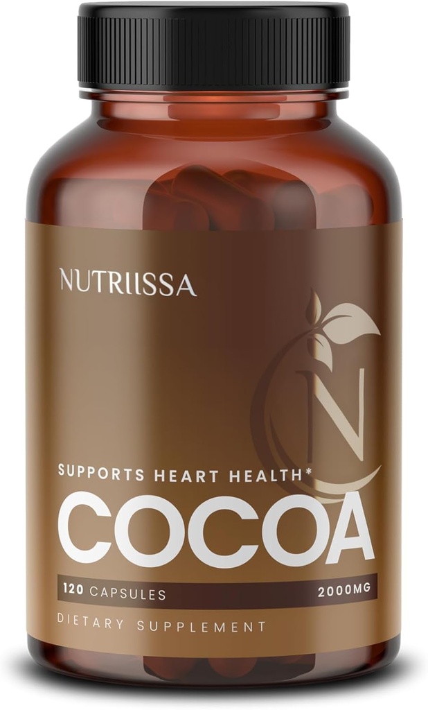 Nutrisa Cocoa Capsules 2000mg - Y tế tim cấp cao, Nitric Oxide & Circation Concation - 500m Cocoa Flavanols mỗi dịch vụ - EPEB được cấp chứng nhận về sự tinh khiết & Potency - Vegan, 120 Capsules, 40 phục vụ