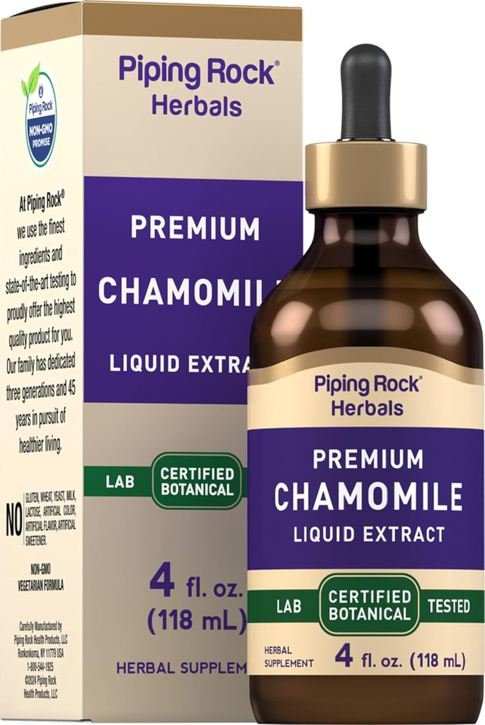 Piping Rock Chamomile Flower Extract Liquid Drops | 4 Fl Oz | Herb Tincture Supplement | Vegetarian, Non-GMO, Gluten Free