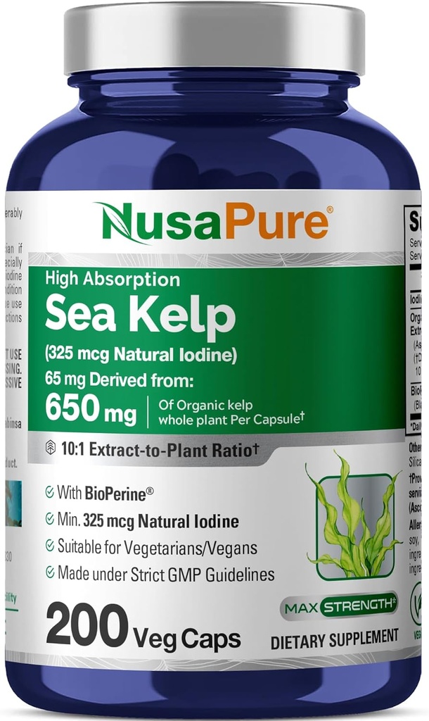 NusaPure Sea Kelp Iodo Natural 325mcg 10:1 Extracto, 65 mg Equivalente a 650 mg Cápsula 200 Contagem (Não-GMO, Vegan)