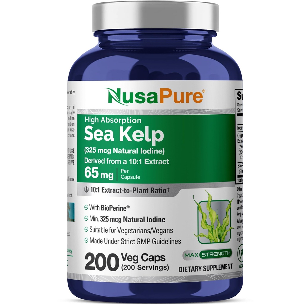 NusaPure Sea Kelp Natural Iodine Capsules, 65 mg, 200 Veg Capsules (Non-GMO, Vegan)