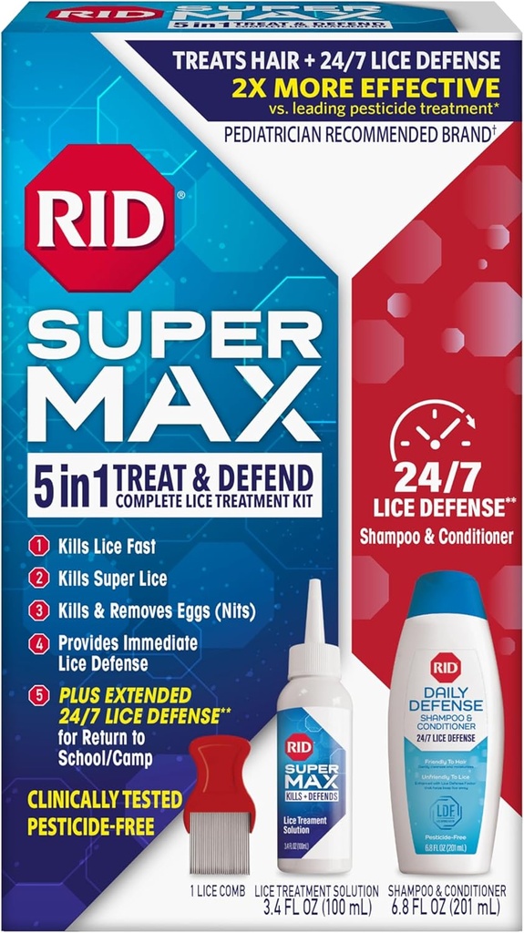 RID Super Max Lice Treatment Kit, Kills Lice " Super Lice " Eggs + 24/7 Lice Defense, Pesticide Free, 3.4 FL OZ Solution + 6.8 FL OZ Daily Defense Shampoo ' Conditioner + Nit Removal Comb