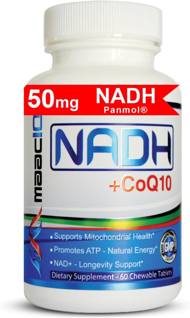 MAAC10 NADH + CoQ10 Suplemento | Tablets de gran sabor | 50mg PANMOL® NADH + 100mg CoQ10 | para Fatiga, Enerxía e Foco Mental | Suplemento de NAD+ (60 Tablets 2 por porción)