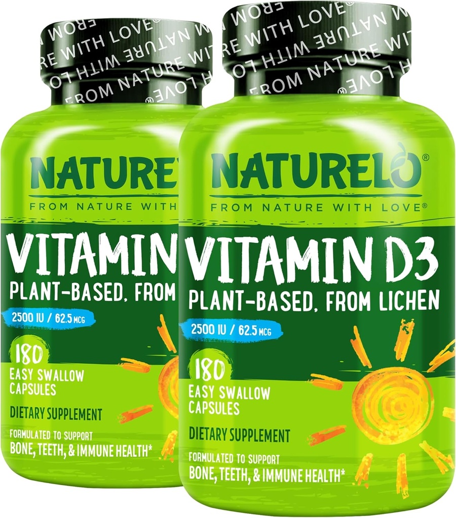NATURELO Vitamín D - 2500 IU - Rastlina založená z Lichen - Prírodné D3 doplnok pre imunitný systém, Bone Support, Spoločné zdravie - Vegan - Non-GMO - Gluten Free - 180 Kapsule (Stock of 2)