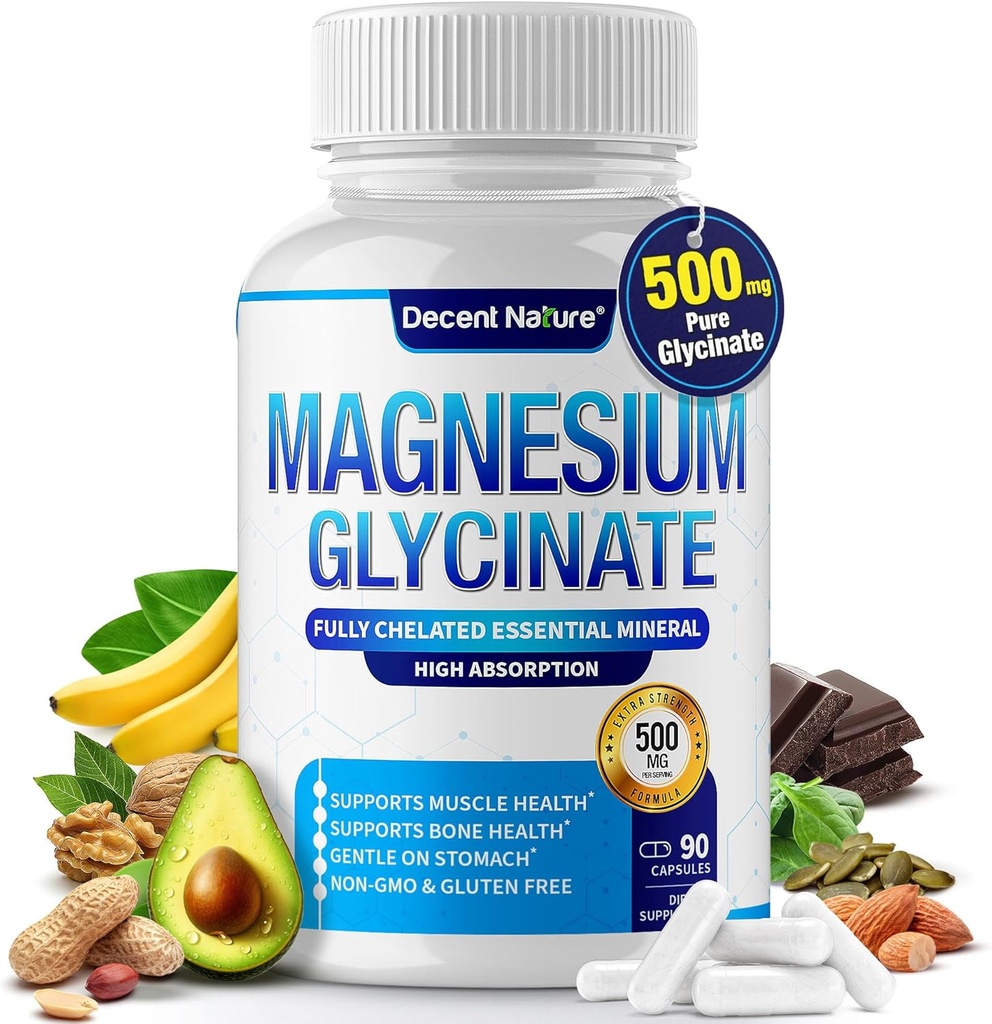 Glicenato de magnésio 500mg Suplemento de magnésio - Quelated para alta absorção e biodisponibilidade Suporte Sono, Músculo, Ossos, Cãis, Recuperação e Energia, Vegan Non-GMO 90 Cápsulas