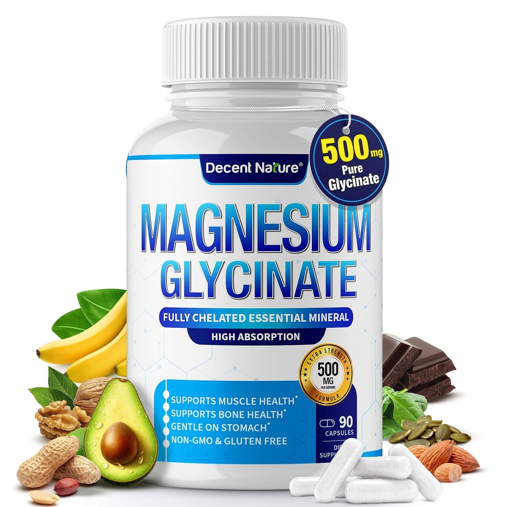 Magnesium Glycinate 500mg Magnesium Supplement - Chelated for High Absorption & Bioavailability Support Sleep, Muscle, Bones, Cramps, Recovery & Energy, Vegan Non-GMO 90 Capsules Pack of 1