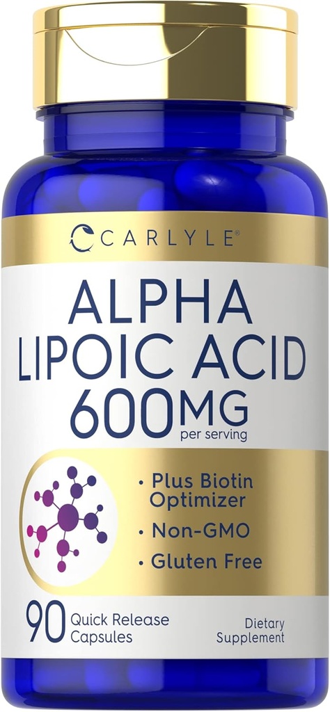 Carlyle Alpha Lipoic Acid 600mg | Máis Biotin Optimizador | 90 cápsulas | Non-GMO e suplementos gratuítos de glute