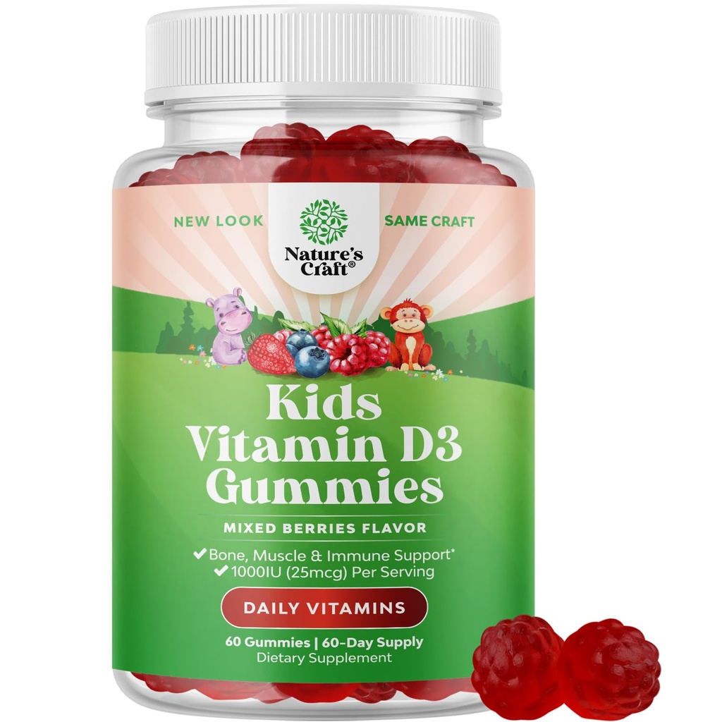 Chewable Vitamin D Gummies for Kids - Delicious Vitamin D 1000 IU Per Serving - Toddlers Immune Support Gummies - Berries Flavored Supplement for Bones Health & Muscles - Gelatin Free - 60 Count