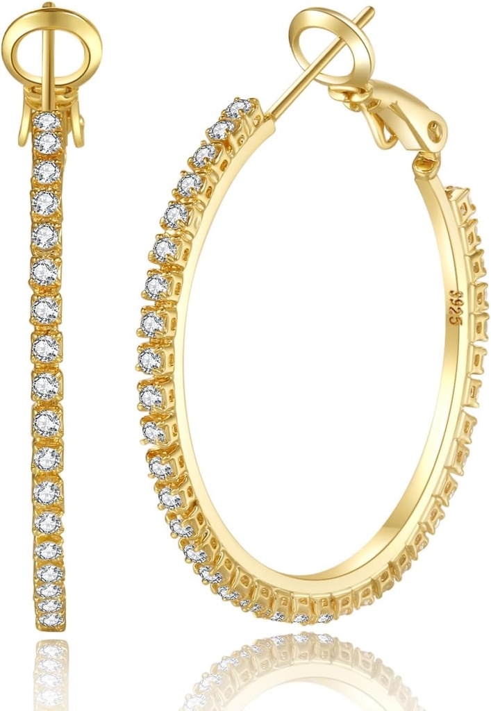 PABBEU 2mm 925 סטרלינג Silver אוזנייםrings Big סטרלינג סילבר Hoop אוזניות לנשים גדולות Rhinestone Hoop אוזנייםrings Thin Hypoallergenic Cubic Zirconia אוזנייםrings עבור נשים 30/40/50/60/70mm