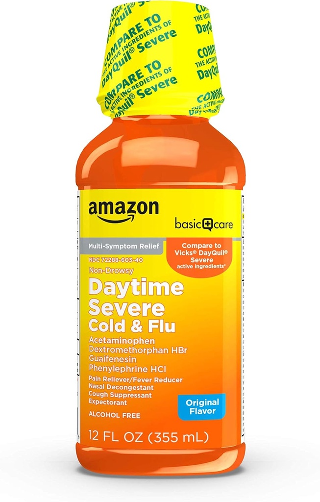 Grundläggande vård Severe Daytime Cold and Flu, Maximum Strength Liquid Cold Medicine, Non-Drowsy, Multi-Symptom Relief, för vuxna och barn Ålder 6 och Över, Original, 12 fl oz (Pack av 1)