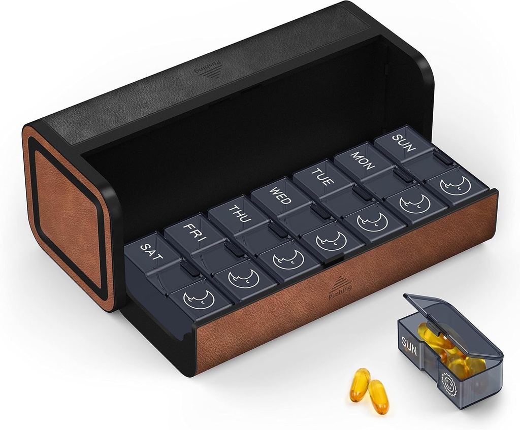 Medicine Pill organizator, 7 Day AM PM Pill Box 2 Reizi dienā, Travel Ādas Pill Case, Pressing Double Atvēršana, Tur zāles vitamīni Zivju eļļa un papildinājumi (Melns un brūns)