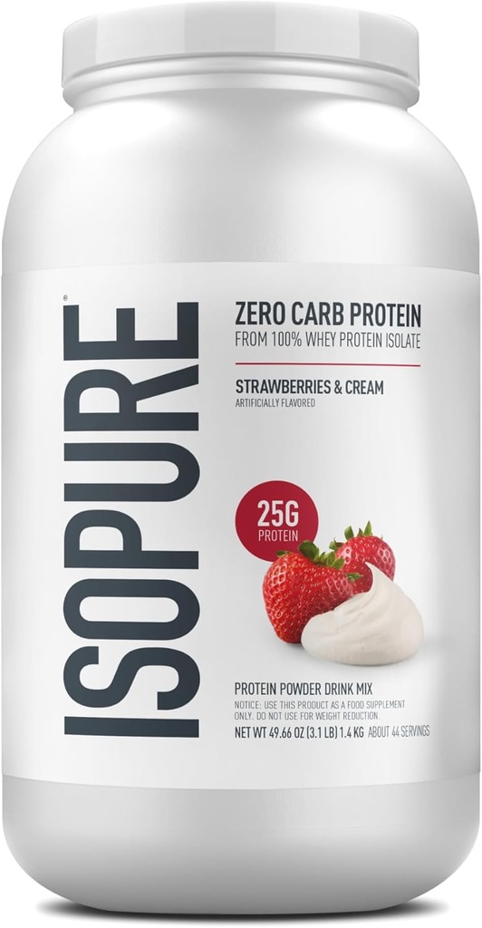 Isopure Zero Carb 100% טהור Whey Isolate אבקת חלבון, Lactose חינם, Gluten חינם, עם ויטמינים, Strawberries & Cream, 25g חלבון Per לשרת, 3 Lbs, 44 משרתים (Packaging May Vary)