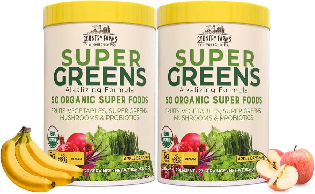 Nông trại Super Greens Apple Powder, siêu thực phẩm hữu cơ, đồ uống hữu cơ, rau quả, rau cải, nấm, siêu thực phẩm, 40 phục vụ, 2 gói