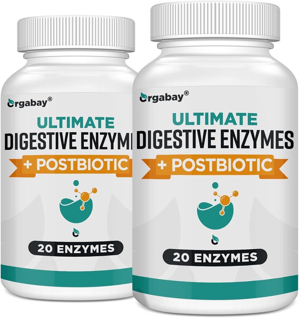 Enzime digestive Orgabay 1000 mg cu postbiotice, 20 Enzime Blend pentru Blooting, Digestie Optimala si Functia Gut, 120 Capsule Veggie