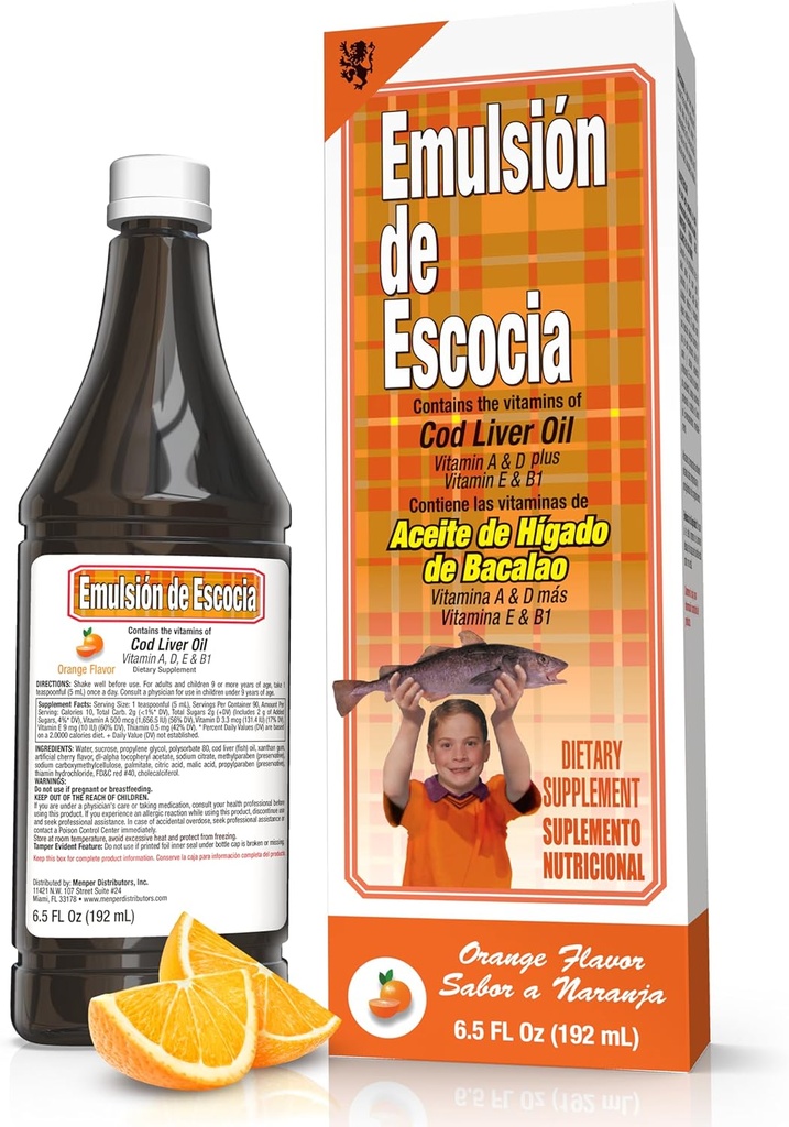 EMULSION DE ESCCOCIA Cod Liver, Orange Flavor, 6.5 fl oz (1 Pack) - Fish Oil with Vitamin A, D, E, B1, Omegaga- 3 for Immune and Bone Health, Anak-anak & Dewasa
