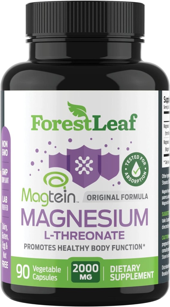 Forest Leaf Magnesium L-treonate Magtein kapselit - 2000mg Magnesium treonate täydentää tukee kognitiivinen toiminto, Focus, aivot, syvä rauhallinen ja nukkua miehille & naisille 90 jauhe Veg Caps