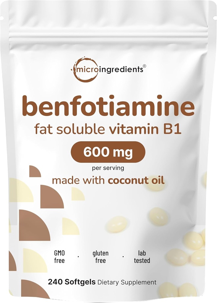 Micro Ingredientes Vitamina B1 Benfotiamine 600mg Por Serving, 240 Coconut Oil Softgels ← Bioavailable B Vitaminas Suplemento, convertido en Active Thiamine ← Non-GMO, Soy Free