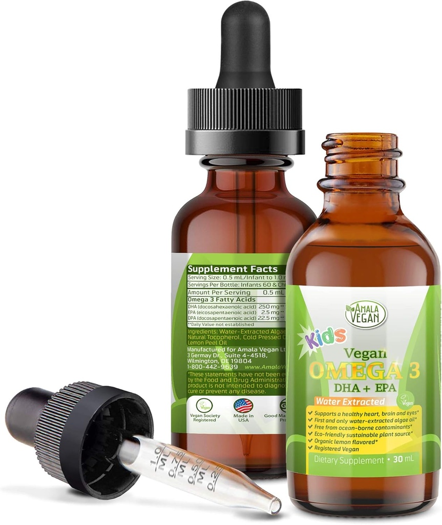 Uşaqlar üçün Omega 3 - Organic Limon, Vegan, Liquid Supplement - DHA, EPA, DPA Fatty Acids ilə Uşaq Balıq Yağı - Bitki bazlı Algae Oil - Immune, Heart, Uşaqlar üçün Brain Health - 30-60 Doses