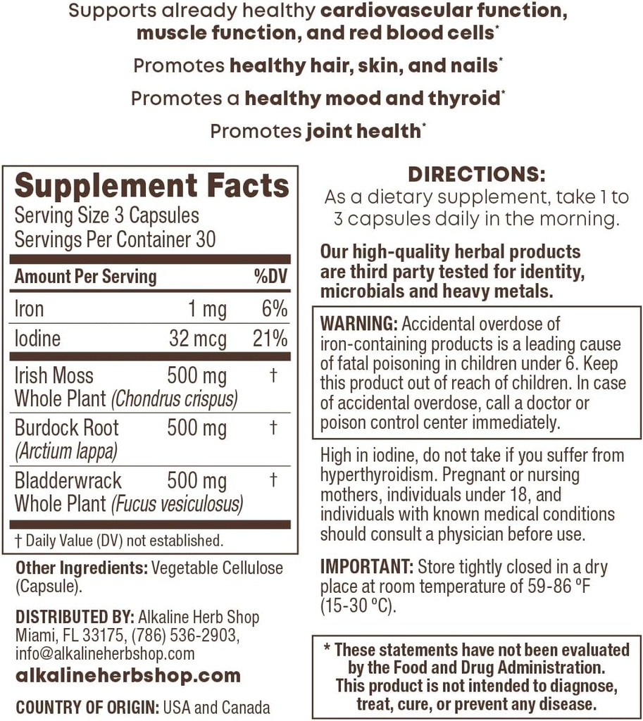 Alkaline Herb Store Sea Mos, Burdock Root, & Bladderwrack Phụ 90 Capsules