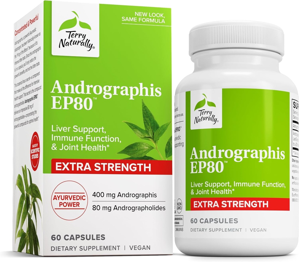 Terry Luonnollisesti Andrographis EP80 Extra Strength - Brain Health & Immuno Support - Yhteinen terveys täydentää avun liikkuvuutta - Vegan Adaptogen täydentää energia- ja maksatuki - 60 kapselia