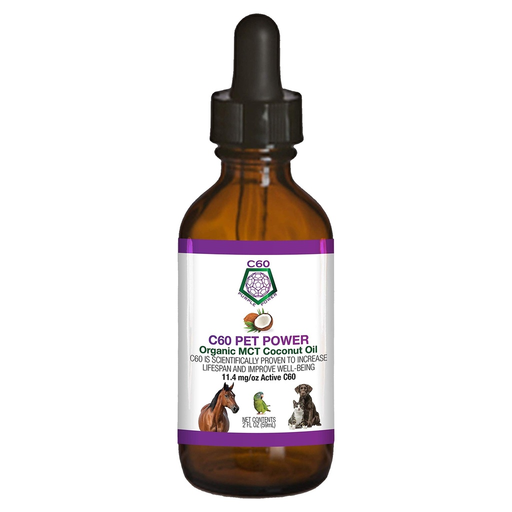 C60 Power for Pets - C60 in Organic MCT Coconut Oil, Natural Wellness Support for Dogs & Cats, Pure Carbon Fullerenes, Promotes Healthy Aging, Energy, & Mobility - 2 fl oz Bottle
