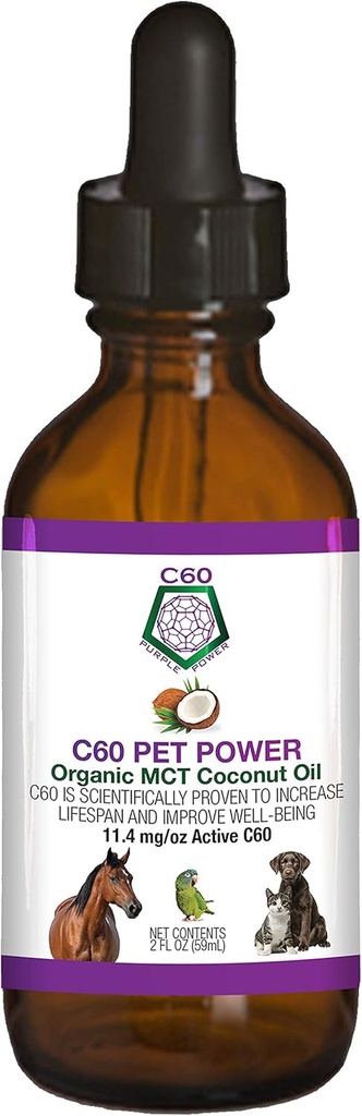 C60 Putere pentru animale de companie - C60 în MCT Organic Ulei de cocos, Suport Wellness Natural pentru câini și pisici, Pure Carbon Fullerenes, Promoveaza imbatranire sanatoasa, Energie, & Mobilitate - 2 fl oz Sticla
