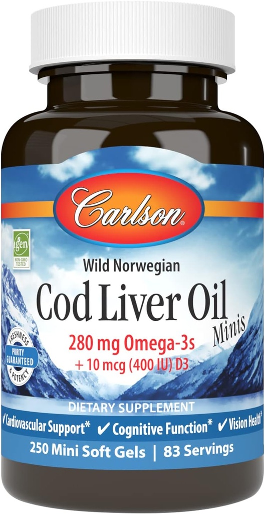 Carlson - Cod Liver Oil Minis, 280 mg Omega-3s + Vitaminer A & D3, Hjärtstöd & kognitiv funktion, Vision Health, 250 Mini Soft Gels
