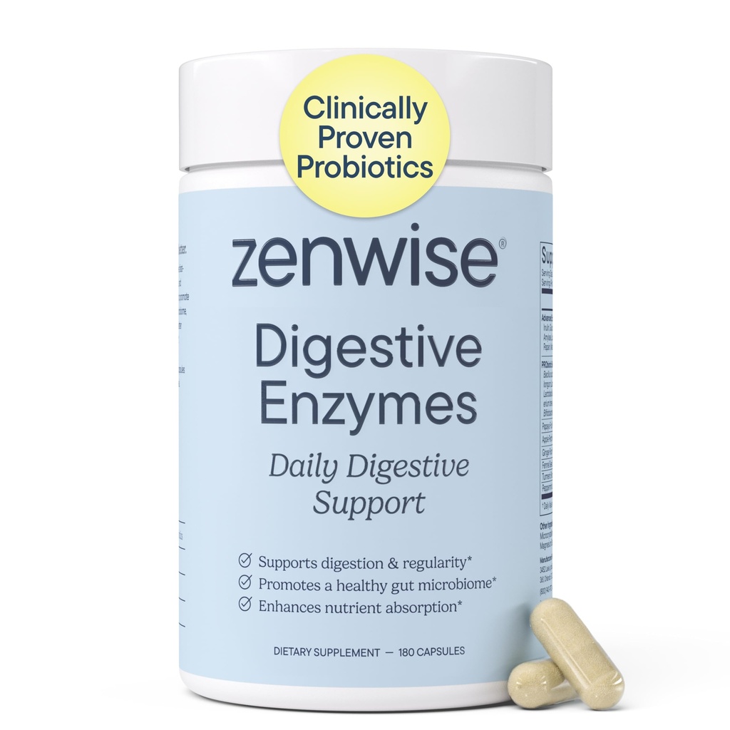 Zenwise Health Digestive Enzymes with Bromelain & Papaya - Multi Enzymes Digestion Supplement with Probiotics & Prebiotics for Gut Health, Gas & Bloating Relief - Men & Women - 180 Vegetarian Capsules