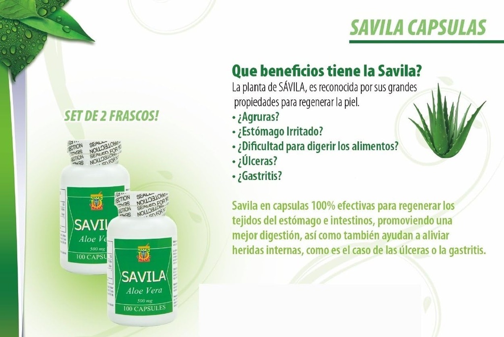 Nutrisalud Products Capsulas de Savila, Aloe Vera Capsules 500mg. Set de 2 frascos 100 capsulas CADA uno.Efectivo Contra ulceras,agruras,mala Digestion,Colitis,estreñimiento. (دورا ماس دي 3 ميس)