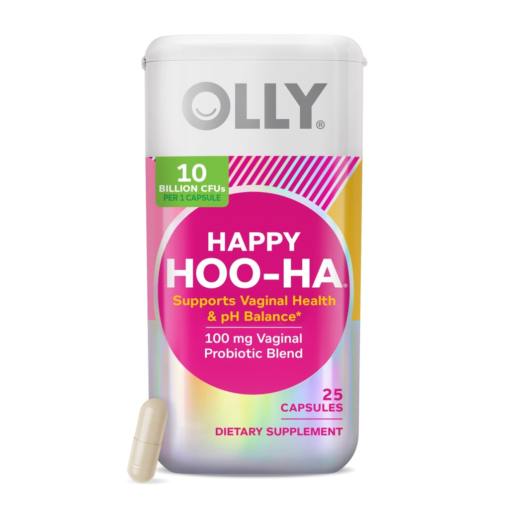 OLLY Happy Hoo-Ha Capsules, Probiotics for Women or People wth Vaginas, Vaginal Health and pH Balance,* 10 Billion CFU, Gluten Free - 25 Count