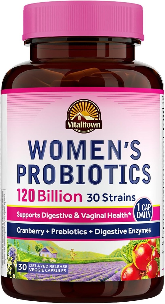 Vitalitown Probiotics for Women 120 Billion CFUs, 30 Strains, Prebiotics & Digestive Enzymes & Cranberry, Gut & Vaginal Health, Vegan 30 Delayed Release Caps
