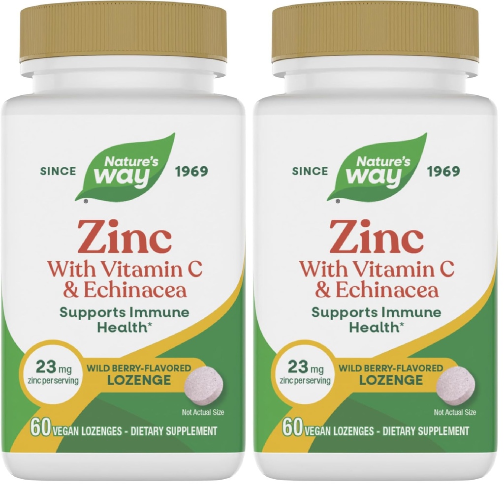Nature's Way Zinc Lozenges with Vitamin C & Echinacea, Zinc Supplements for Men and Women, Immune Support*, Wild Berry Flavor, 60 Lozenges, (Pack of 2), (Packaging May Vary)