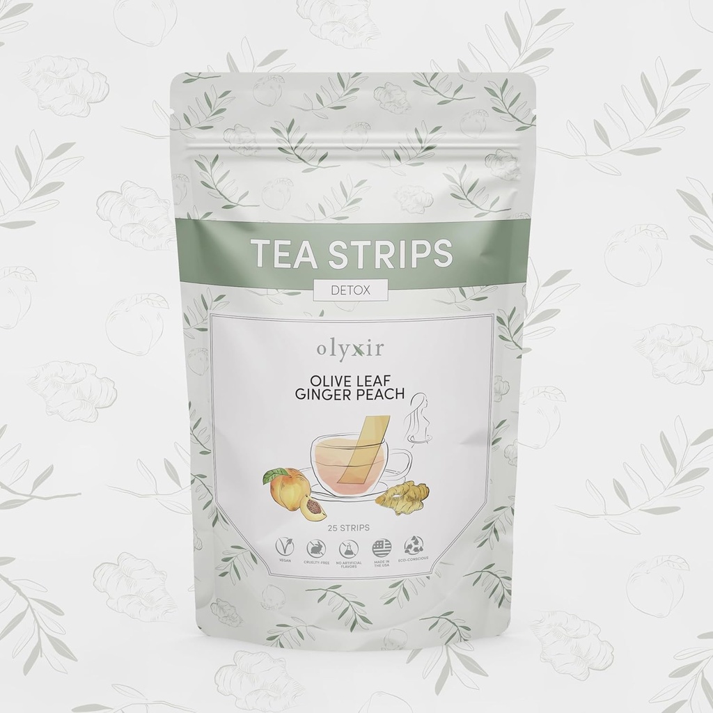 Olyxir Detox Tea Strips - Natural Olive Leaf, Ginger, & Peach Flavors - Instant, Energizing, Organic, Paleo, Vegan, Non-GMO ← 25 Ct