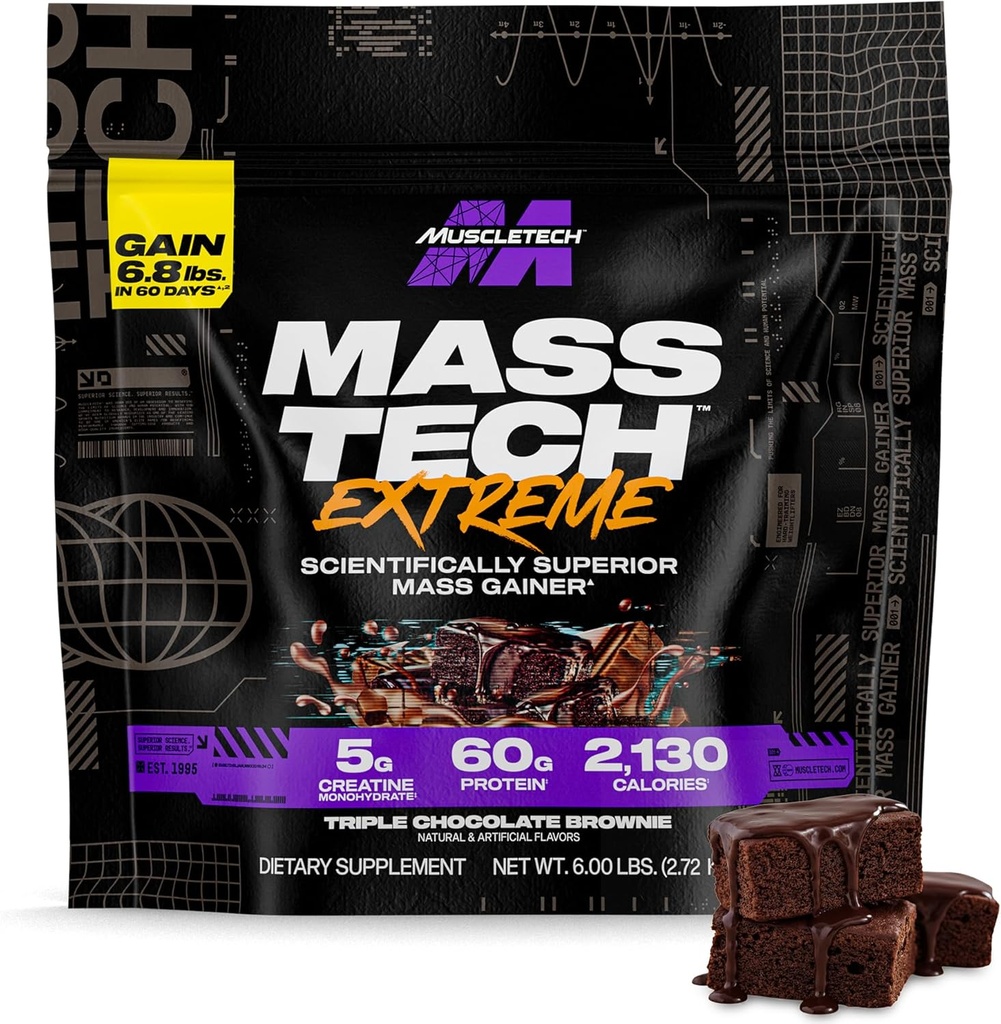 Muscletech High-Protein Mass Gainer (Triple Chocolate Brownie, 6LB) - Mass Tech Extreme 2000 Mass Gainer Protein Powder Supplement - Aumento de peso para aumentar o músculo, recuperación mellorada e forza