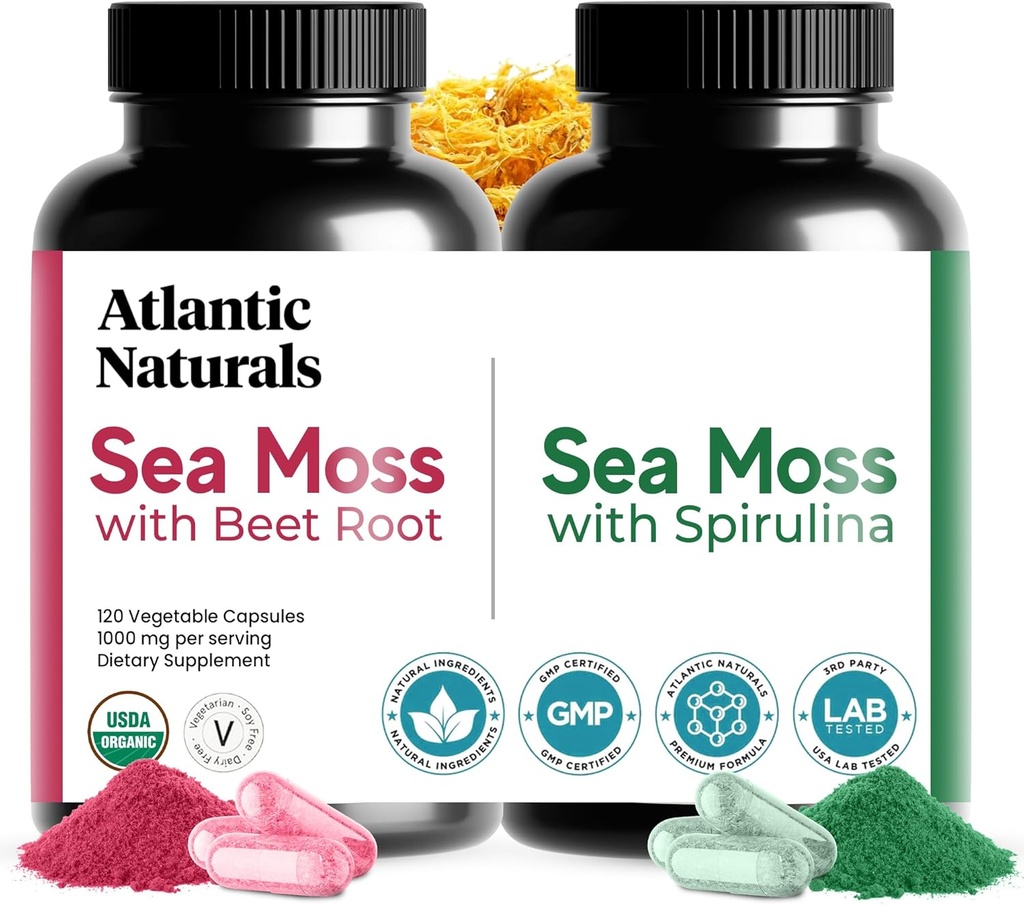 Atlantic Moss Superfood Bundle - Sea Moss with Beet Root & Spirulina Capsules - Defense, Blood Flow, Joint Health & Iron - 240 Capsules (2 x 120)