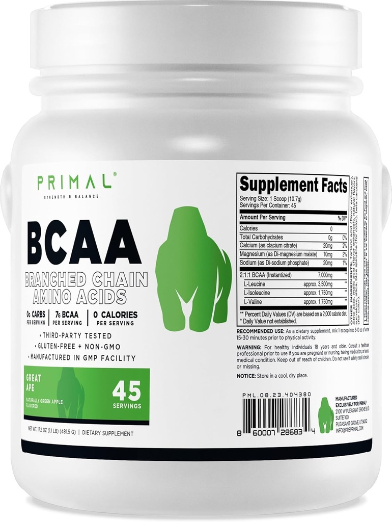 Primal BCAA 大猩猩(45 SERV)(绿色苹果火焰) - 0 g 碳化物, 0 卡罗里斯, 7g BCAA Pervice