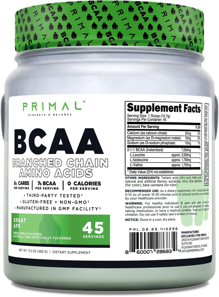 Primal BCAA Powder Great Ape (45 SERV) (Green Apple Flavored) - 0 g Carbs, 0 Calories, 7g BCAA Per Serving