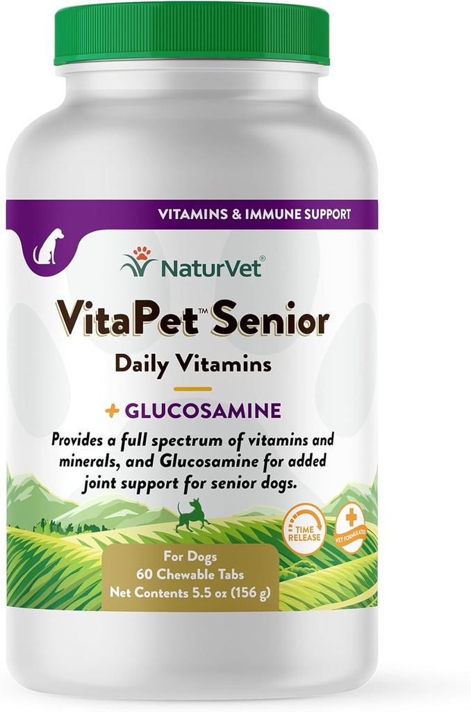 NaturVet -VitaPet Senior Daily Vitamíny pro seniory - Plus Glucosamine - Full Spectrum of Vitamíny & Minerals - Vylepšený Glucosamine pro společnou podporu - 60 Time Release Tablety