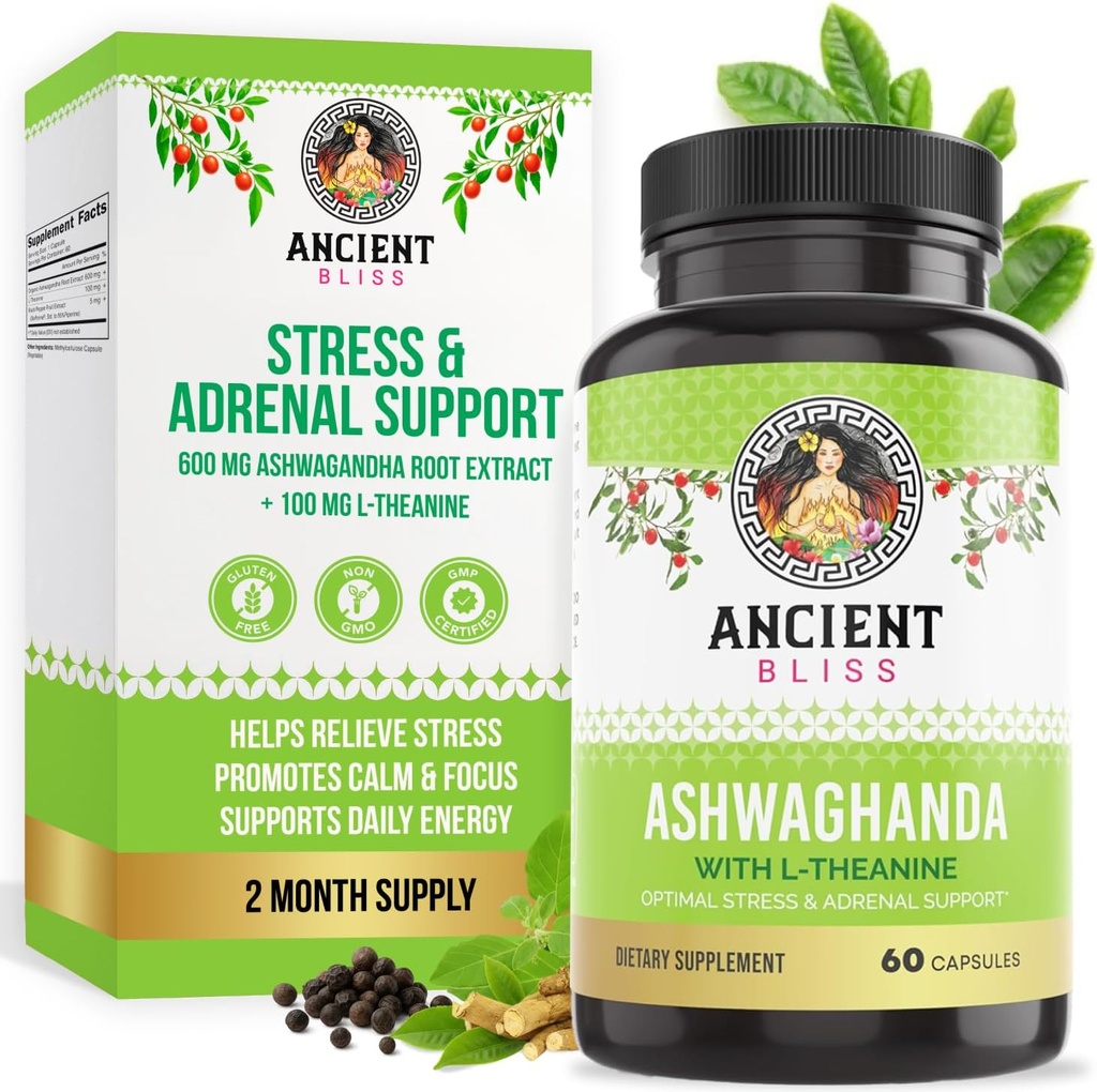 Ancient Bliss Ashwagandha with L-Teanine & Black Pepper Extract Capsules, Energy & Natural Mood Support Papildinājums, Focus Papildinājums pieaugušajiem
