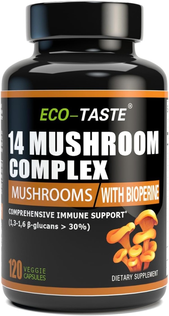 14 Gobe Dopolnilo 120 Kapsule - Imunski sistem Booster & Nootropic Brain Supplement – z levo Mane, Reishi, Maitake, Turčija Tail, Chaga Complex – Črna paprika za absorpcijo, 30% Beta-glukan