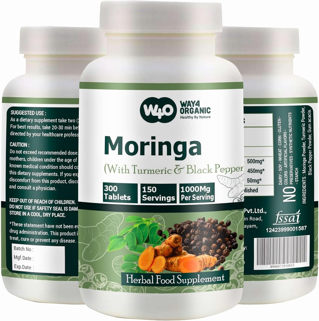 Tavoli Moringa con Pepe Turco e Nero, 300 Pillole, 5 Mesi di Alimentazione, 150 Serve, 1000 Mg per Serve. Una capsula con benefici multipli - Supporta la salute digestiva (Pack of 1)