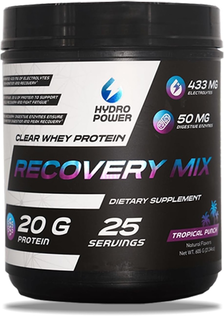 Hydro Power Clear Whey חלבון Recovery Mix - טרופי Punch Flavor - 433mg אלקטרוליטים ו 20g חלבון - ביצועי דלק ושיקום - תוספת תזונתית לגברים ונשים - 25 משרתים