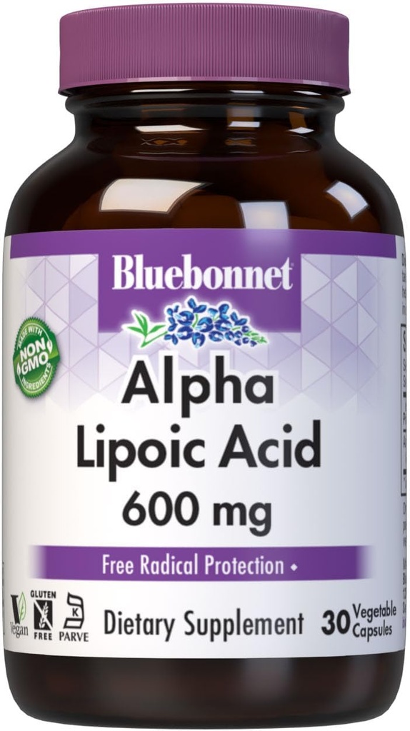 BlueBonnet Alpha Lipoic Acid 600mg - poderoso suplemento de soporte nervioso antioxidante para mulleres e homes - Non-GMO, Vegan, Kosher - Gluten-Free, Soy-Free, Dairy-Free - 60 cápsulas vexetais