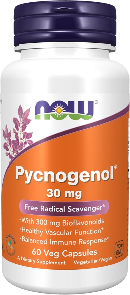 NOW Foods Supplements, Pycnogenol 30 mg (en unik kombination av proanthocyanidiner från fransk marinpin) med 300 mg bioflavonoider, 60 Veg kapslar